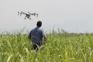 man operates a drone in a field