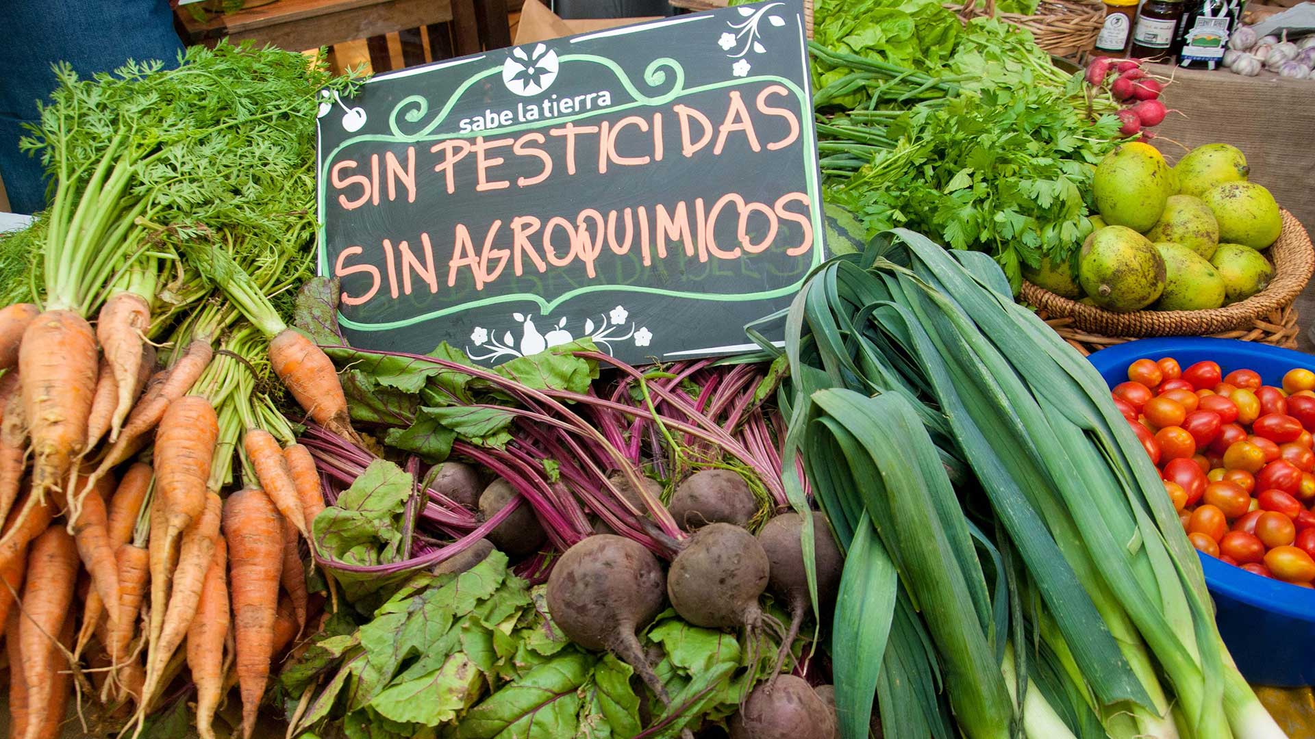 <p>Una cartel en un mercado de Buenos Aires indica que los vegetales fueron producidos sin agroquímicos (imagen Fermín Koop)</p>