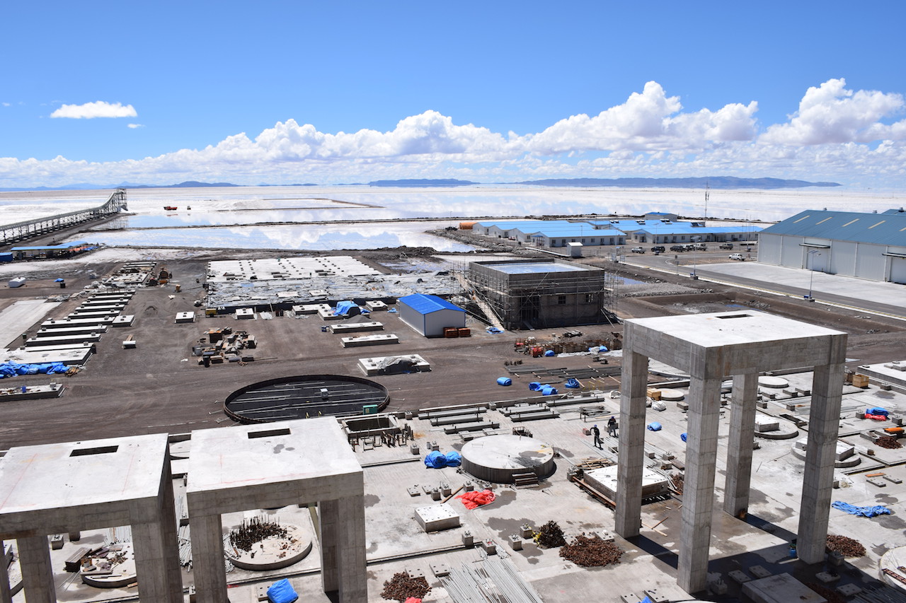 aerial view of lithium carbonate industrial plant in Uyuni, Bolivia