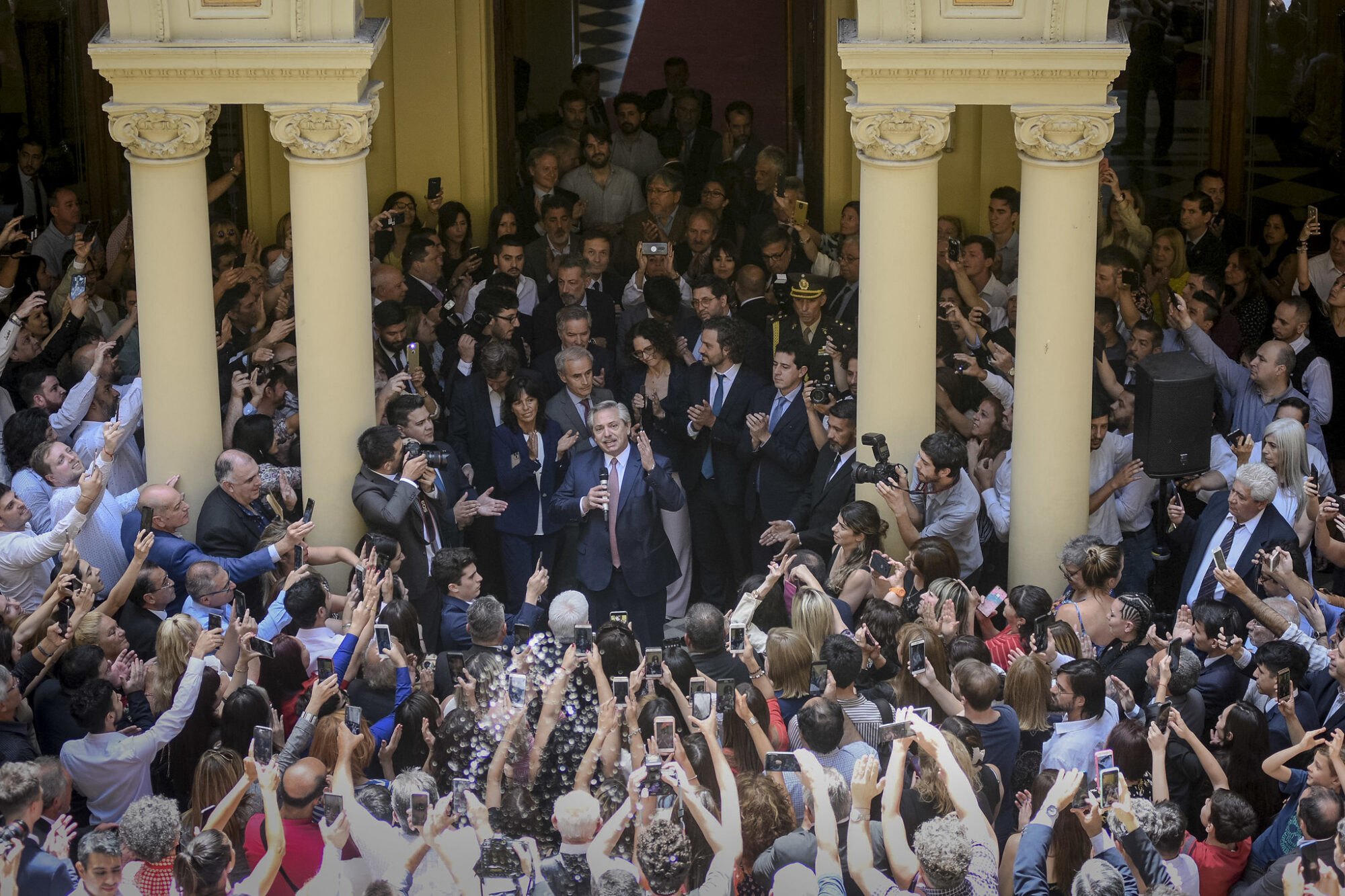 Argentina's President Alberto Fernández speaks at a rally at the Government House