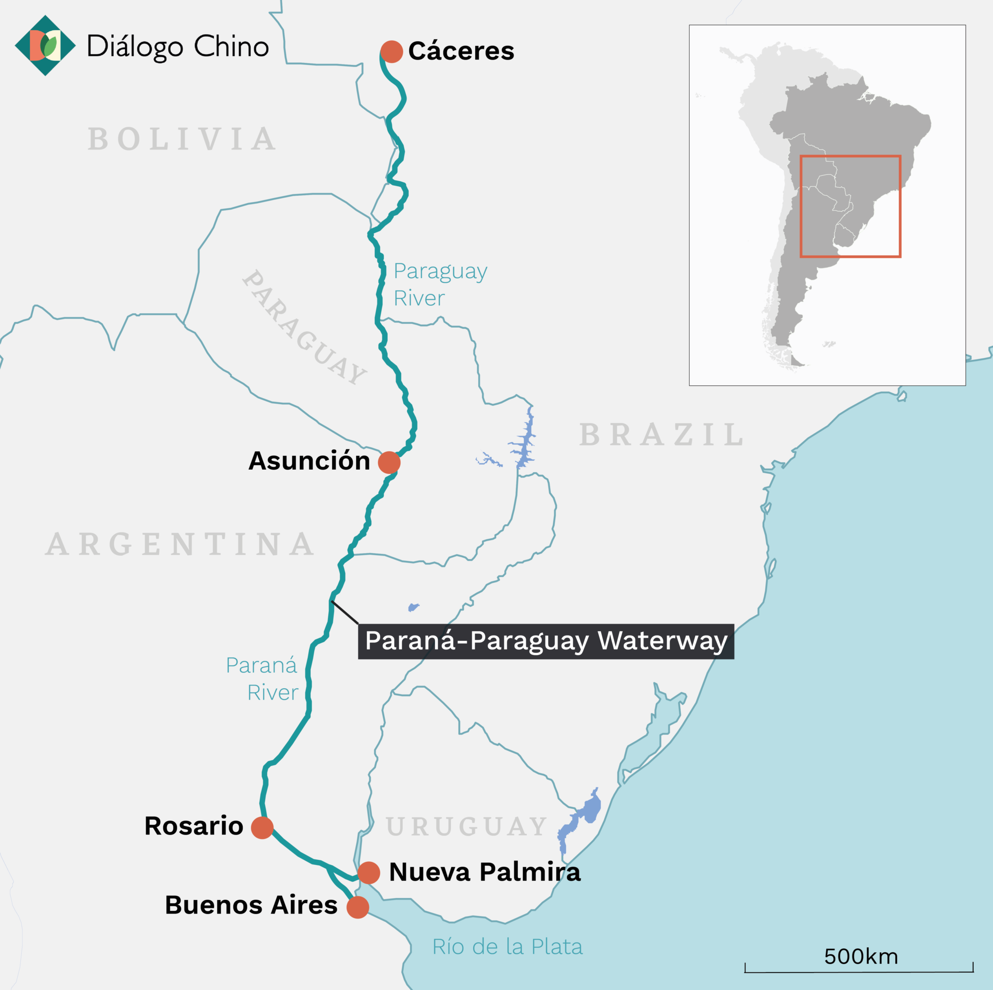 map showing the route of the Paraná-Paraguay waterway