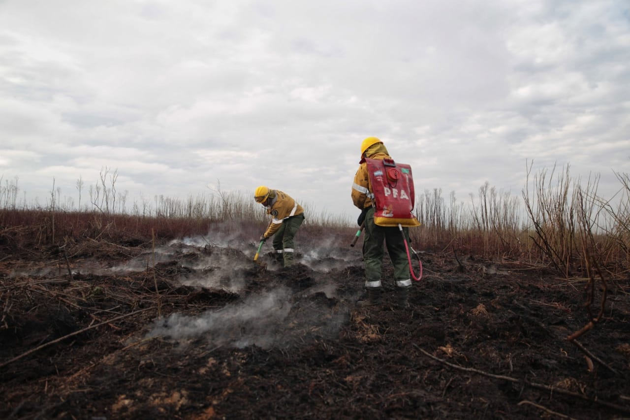 <p>Bombeiros trabalham para extinguir o incêndio no Delta do Paraná, na Argentina (imagem: Ministerio de Ambiente)</p>