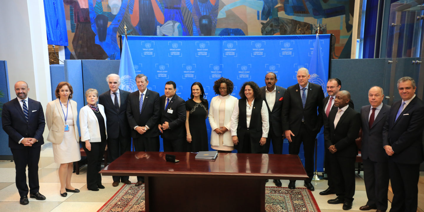 Representatives of the Escazú Agreement after the opening of the signatures on 27 September 2018.