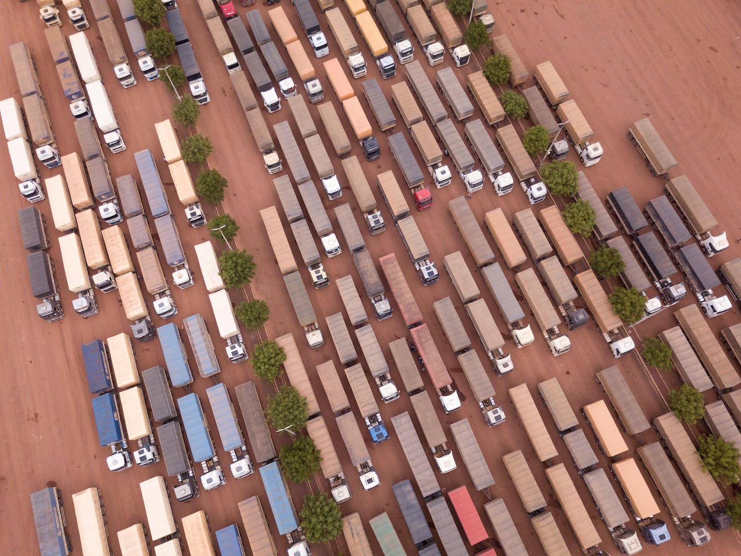 An aerial view of soy trucks 