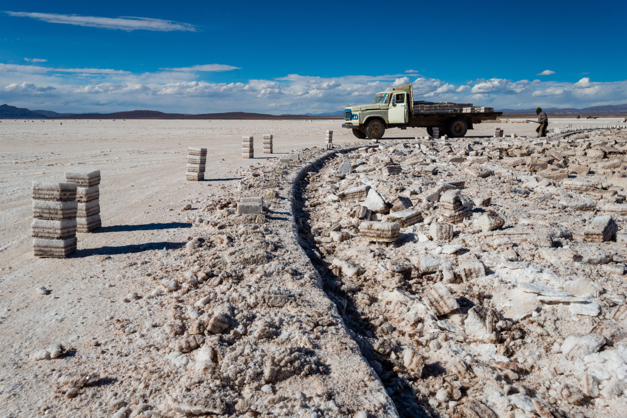 a truck in the Uyuni lithium deposit and salt flats