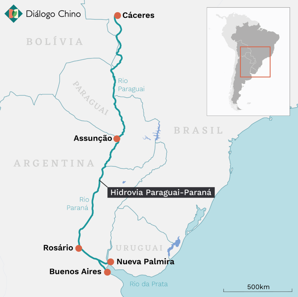 mapa mostrando a rota da hidrovia Paraná-Paraguai