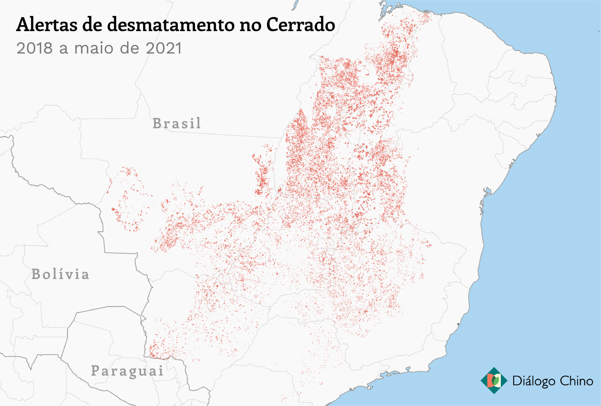 Mapa mostrando avisos de desmatamento no Cerrado