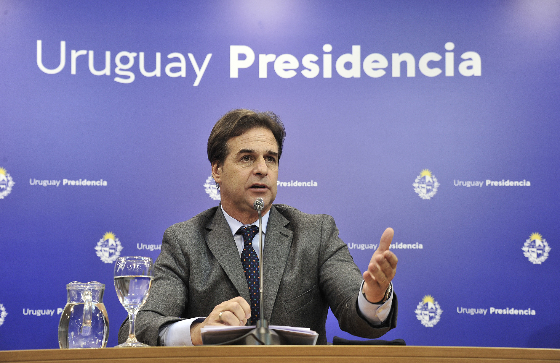Lacalle Pou, President of Uruguay, speaks at a press conference.