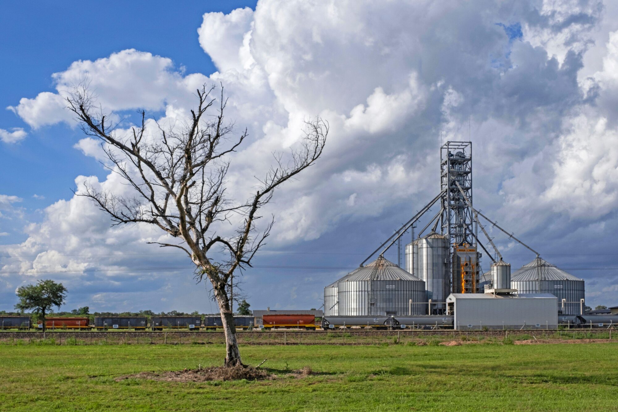 Trem carregando grãos em silos agrícolas em Chaco, Argentina.