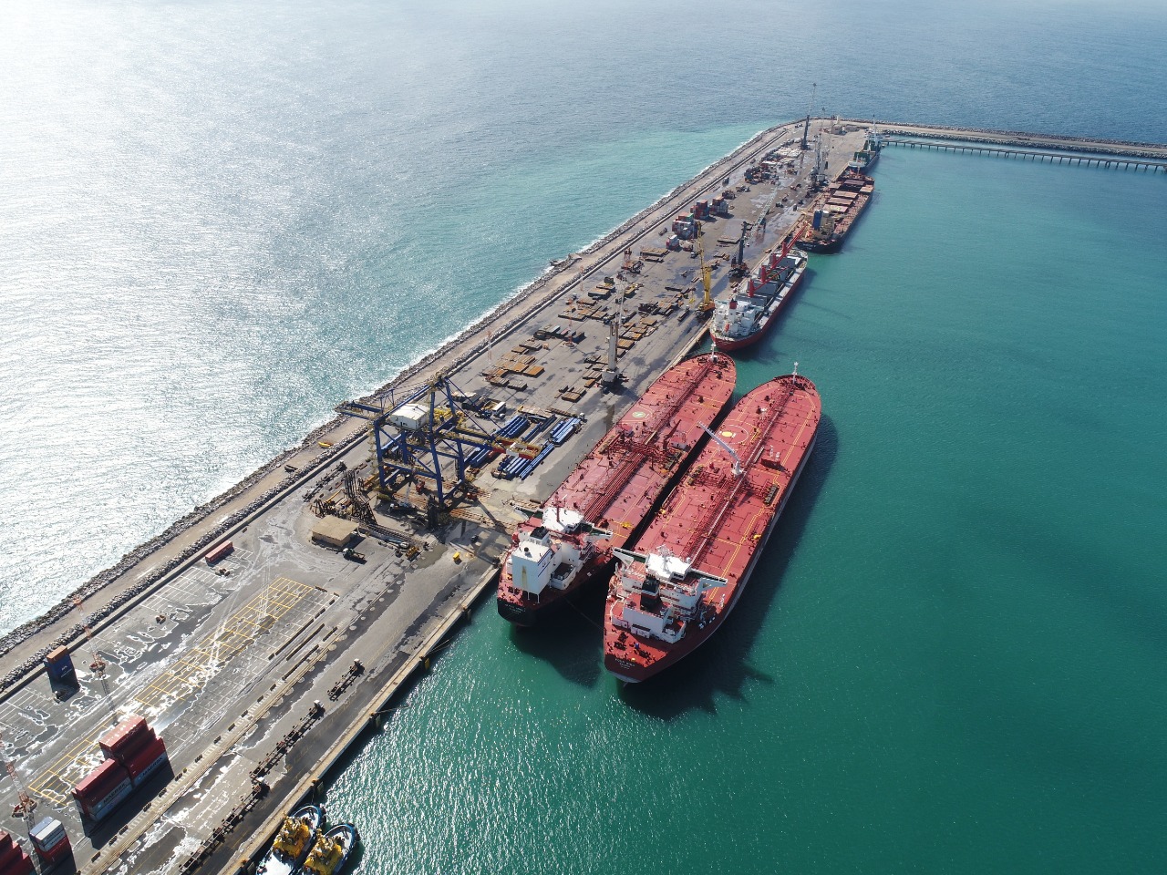 Aerial view of vessels in the port of Pecém, Brazil.