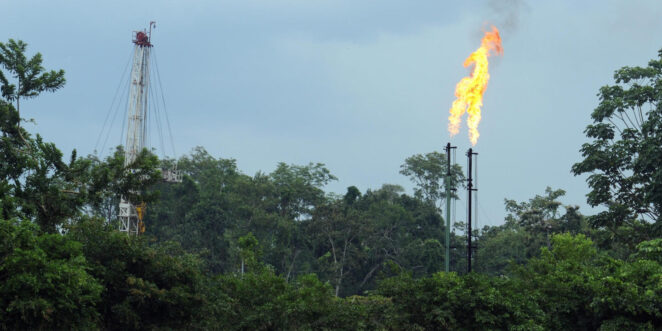 Gas natural es quemado en una planta de procesamiento de petróleo en el río Napo cerca de Coca y el Parque Nacional Yasuní en la Amazonía de Ecuador