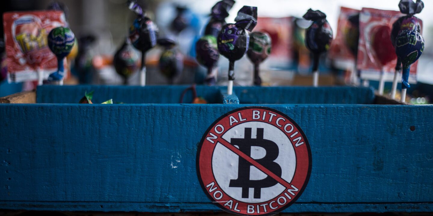 sweets in a box saying "No to Bitcoin".
