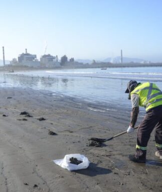 Una persona limpia una playa en Chile