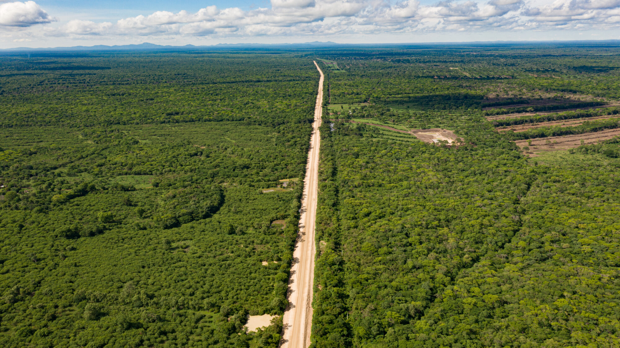Aerial view of a road in the middle of the Chiquitano dry forest in Bolivia.