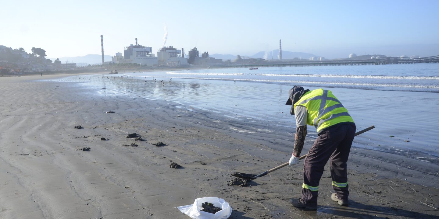 Un trabajador limpiando una playa