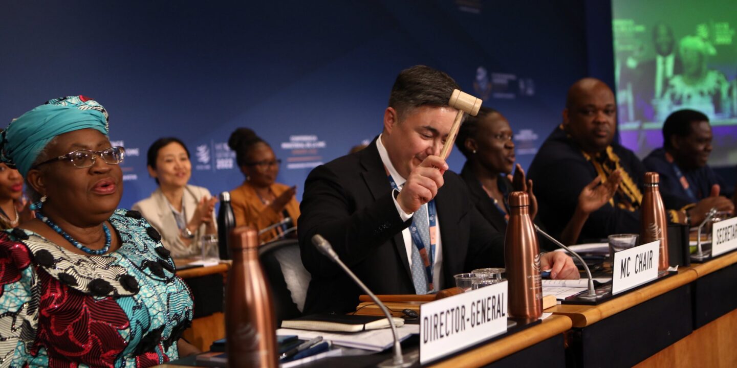 Timur Suleimenov, presidente de la 12ª Conferencia Ministerial de la OMC, baja el martillo después de que las partes acordaran una prohibición histórica a las subvenciones pesqueras perjudiciales, en Ginebra