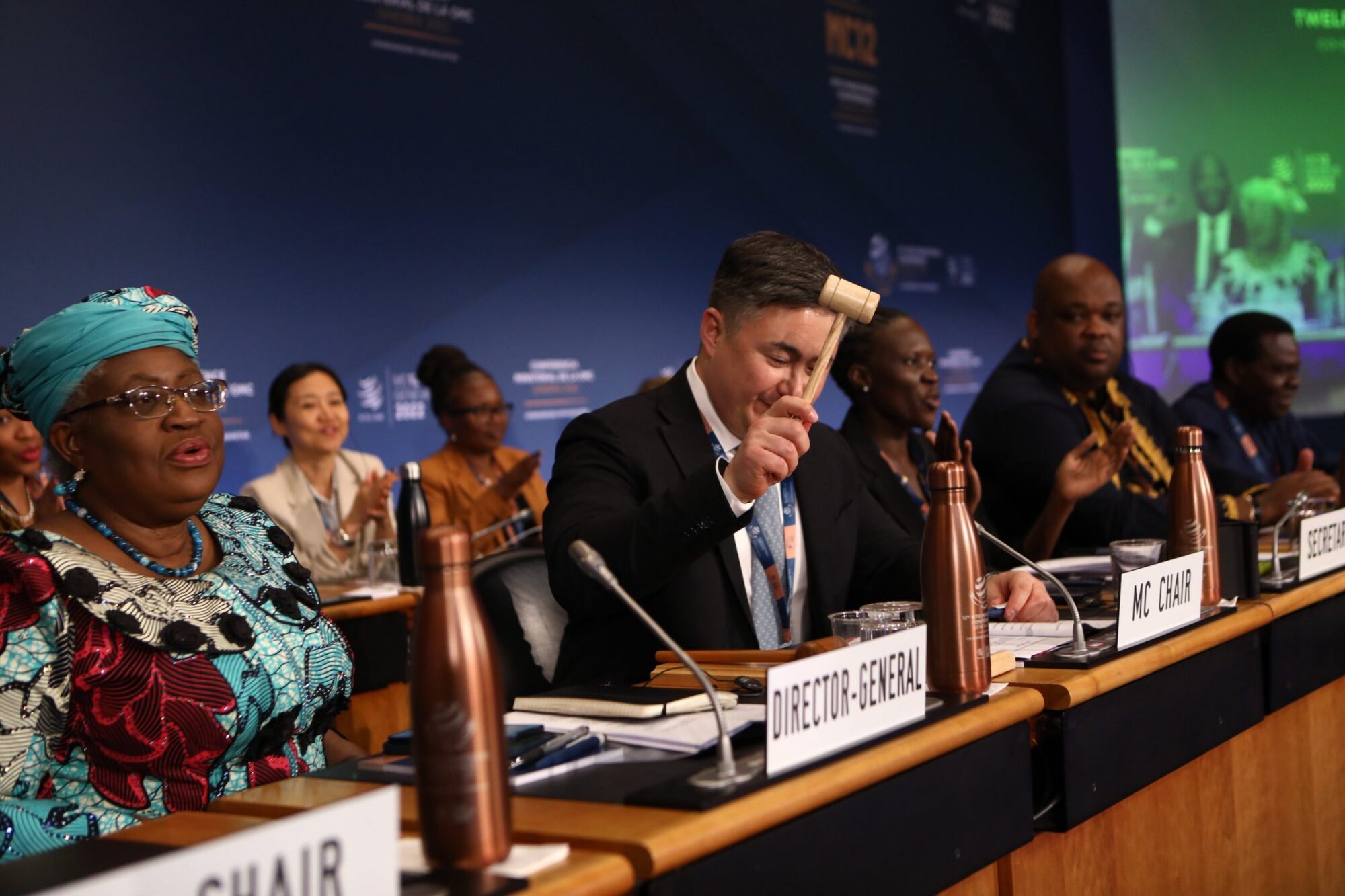 <p>Timur Suleimenov, chair of the World Trade Organization’s 12<sup>th</sup> Ministerial Conference, brings down the gavel to close proceedings after parties agreed a ban on harmful fisheries subsidies, Geneva, 17 June (Image: <a href="https://www.flickr.com/photos/world_trade_organization/">WTO</a> / <a href="https://www.flickr.com/photos/world_trade_organization/52151824762/in/album-72177720299758928/">Jay Louvion</a>, <a href="https://creativecommons.org/licenses/by-sa/2.0/">CC BY-SA 2.0</a>)</p>