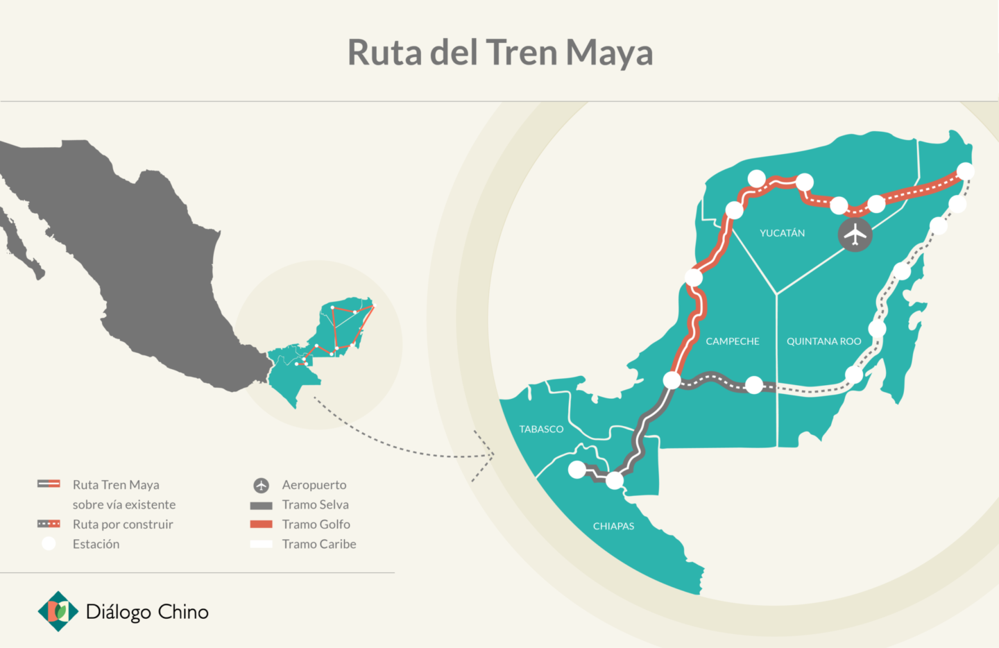 mapa que muestra la ruta del Tren Maya