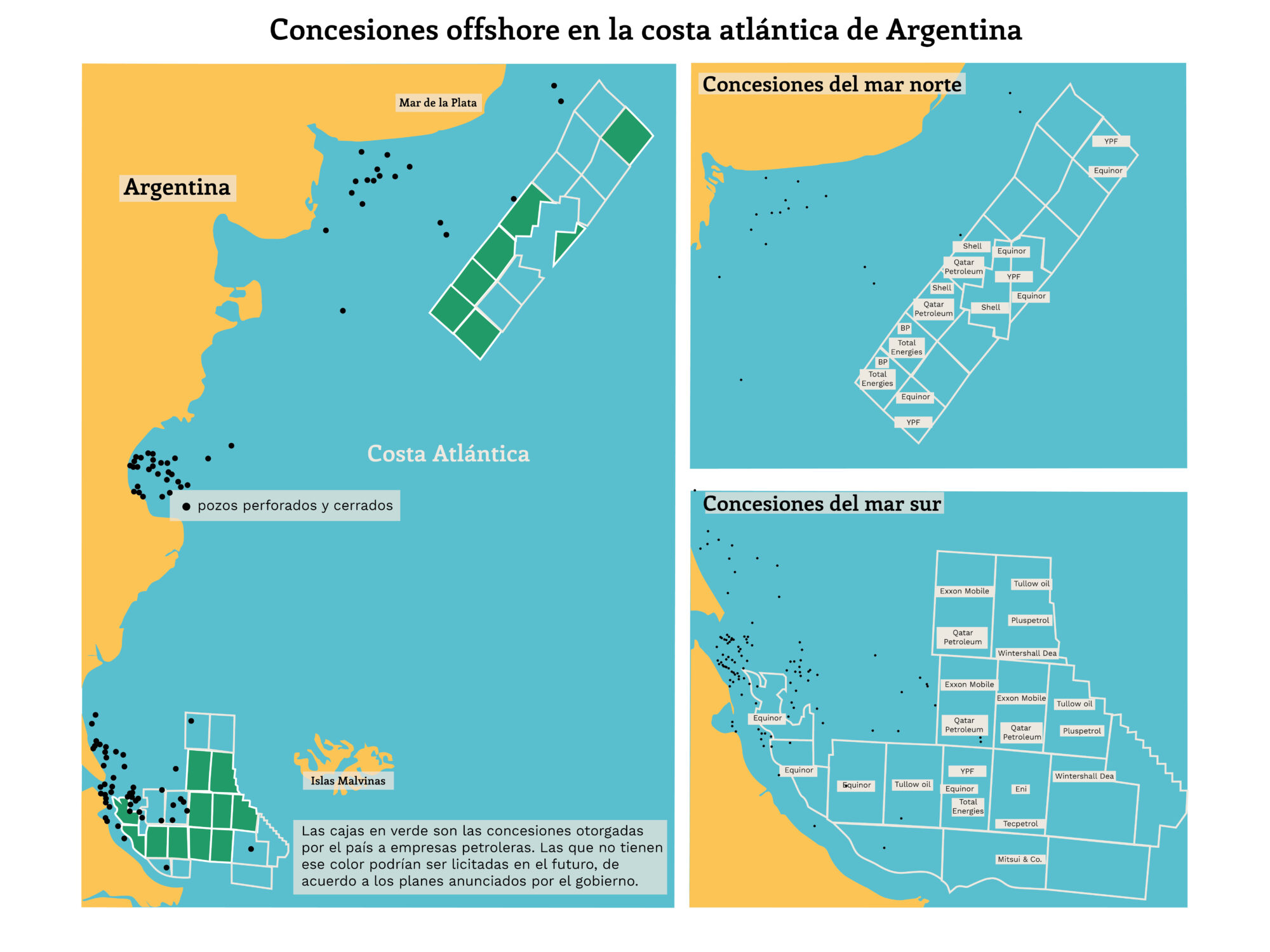 mapa que muestra la concesiones offshore en el mar argentino