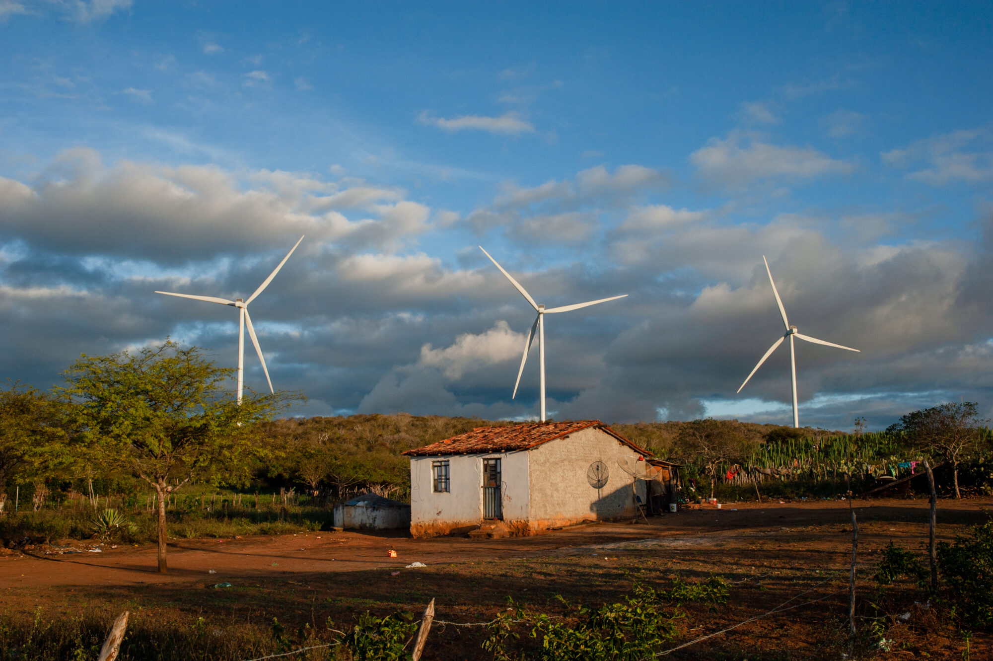 <p><span style="font-weight: 400;">A house near the Folha Larga Norte wind farm in Bahia state, Brazil. Wind power plants are advancing in the region, but conflicts with communities are increasing amid land disputes (Image: Camilo Lobo / Diálogo Chino) </span></p>