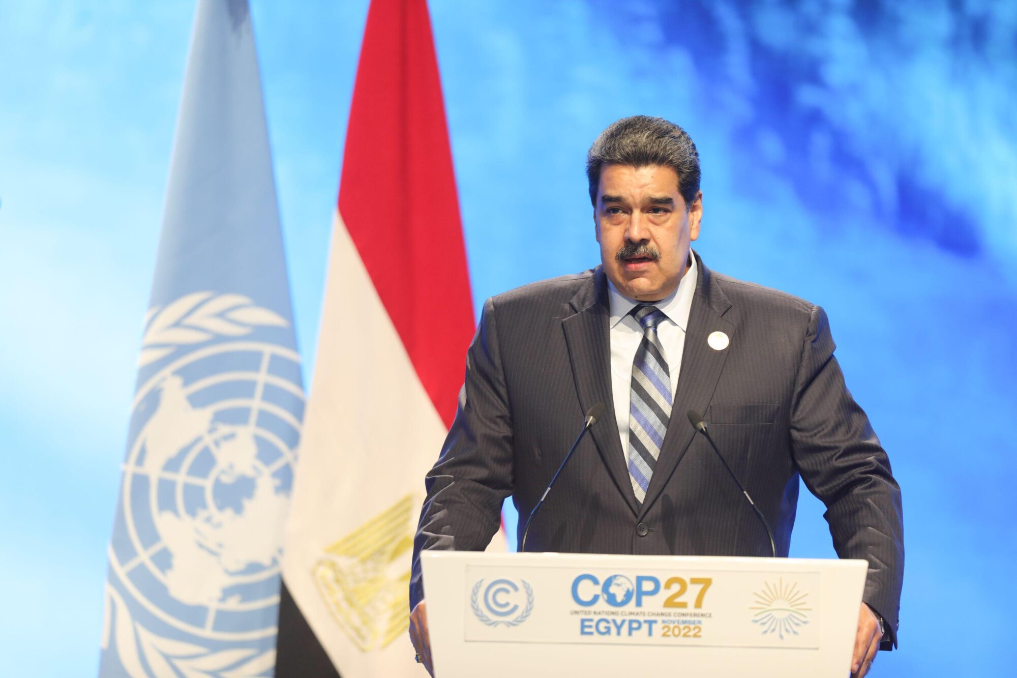<p>Venezuelan president Nicolás Maduro delivers a speech at the COP27 summit in Egypt. He called on nations to “initiate a process of recovery” in the Amazon (Image: Prensa Miraflores / dpa / Alamy)</p>