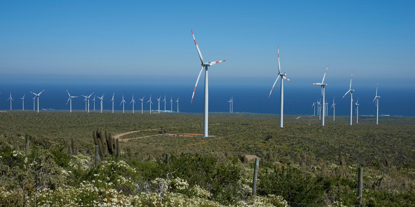 <p>Parque eólico na costa de Coquimbo, Chile. O país espera aproveitar o potencial de energia renovável para aumentar a produção de hidrogênio verde (Imagem: Jeremy Richards / Alamy)</p>