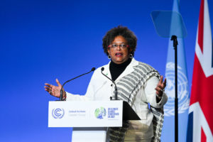 Mia Mottley, Prime Minister of Barbados, speaks at the Opening Ceremony for Cop26 at the SEC, Glasgow. Photograph: Karwai Tang/ UK Government