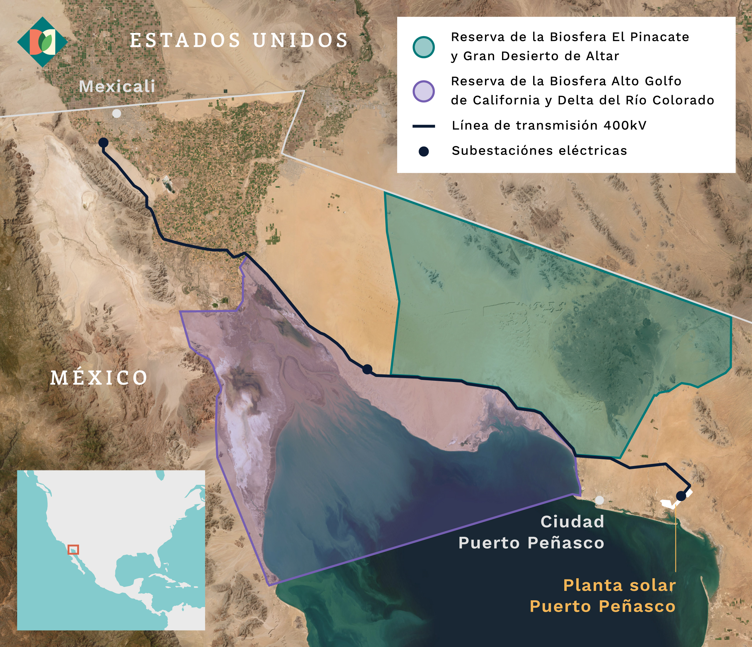 Mapa que muestra las reservas de la biosfera del estado mexicano de Sonora y las líneas de transmisión previstas de la central solar de Puerto Peñasco.