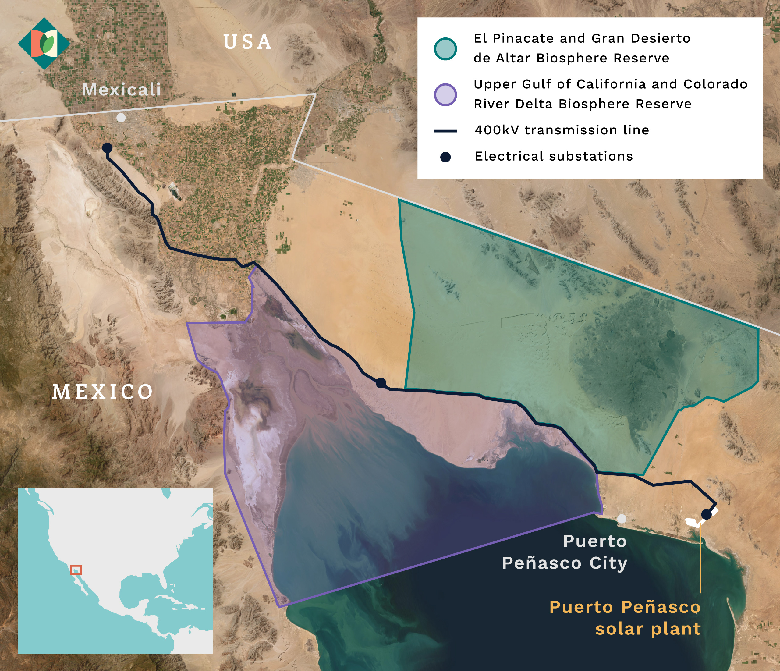 Map showing biosphere reserves in the Mexican state of Sonora, and planned transmission lines from the Puerto Peñasco solar power plant