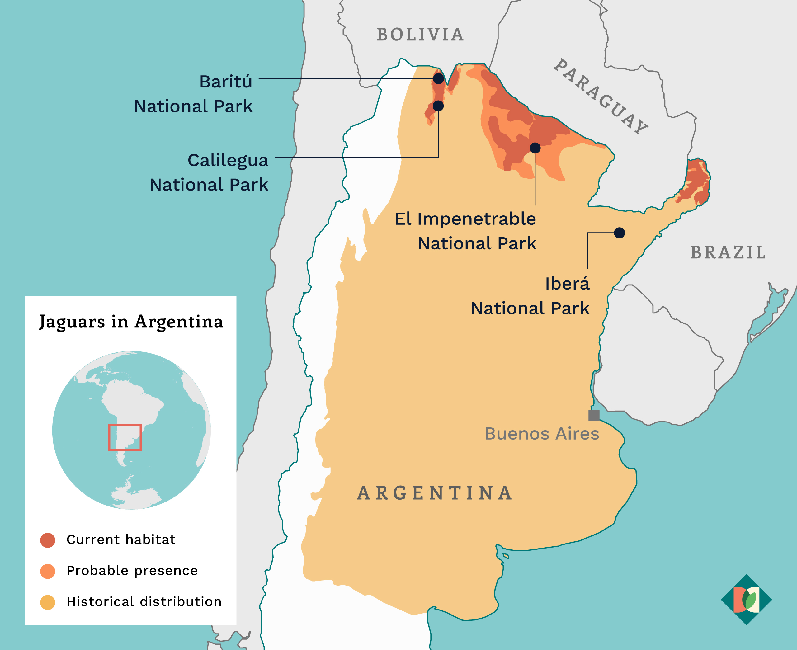 A map showing Jaguar habitat in Argentina
