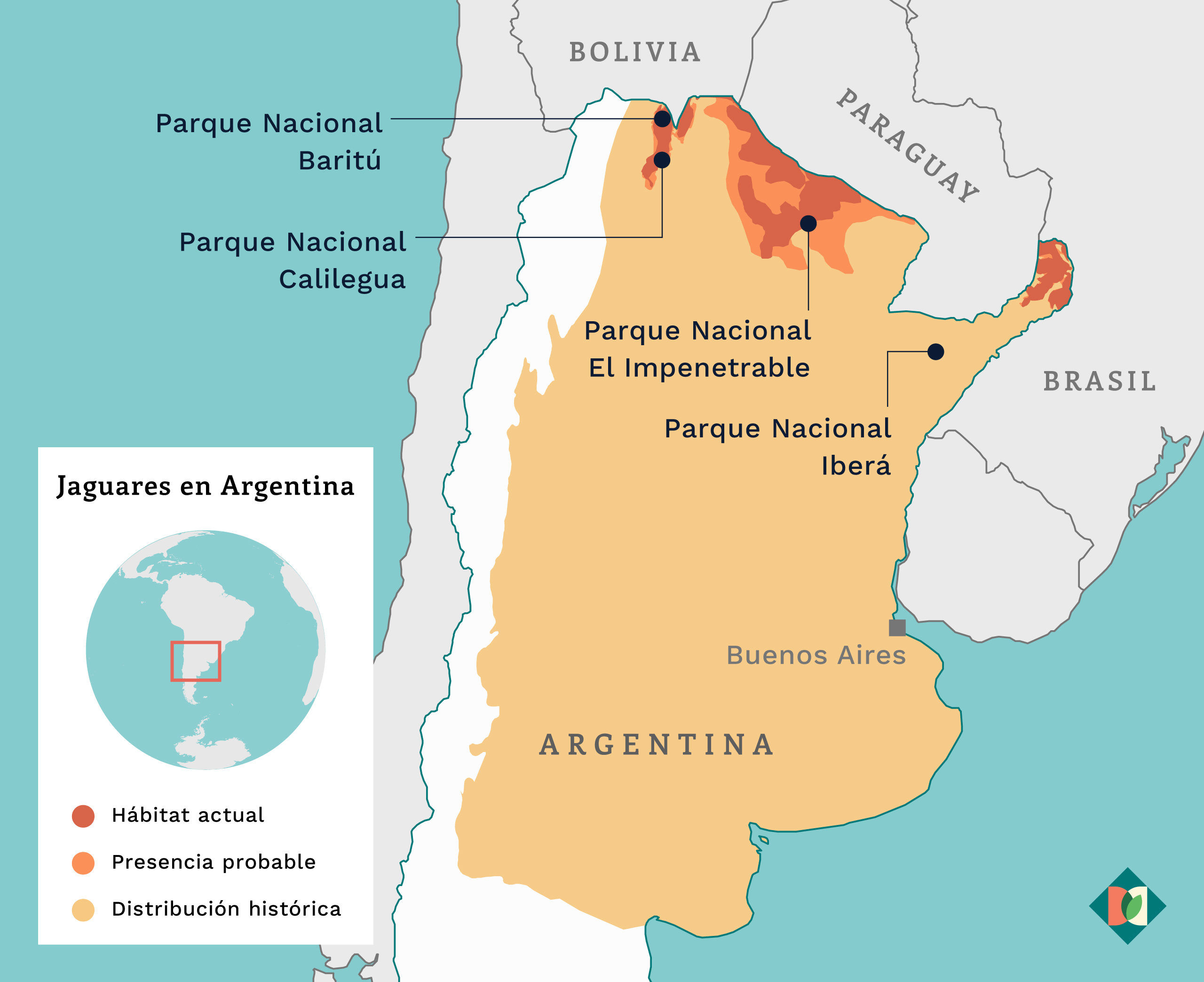 Mapa que muestra os hábitats donde viven los jaguares en Argentina