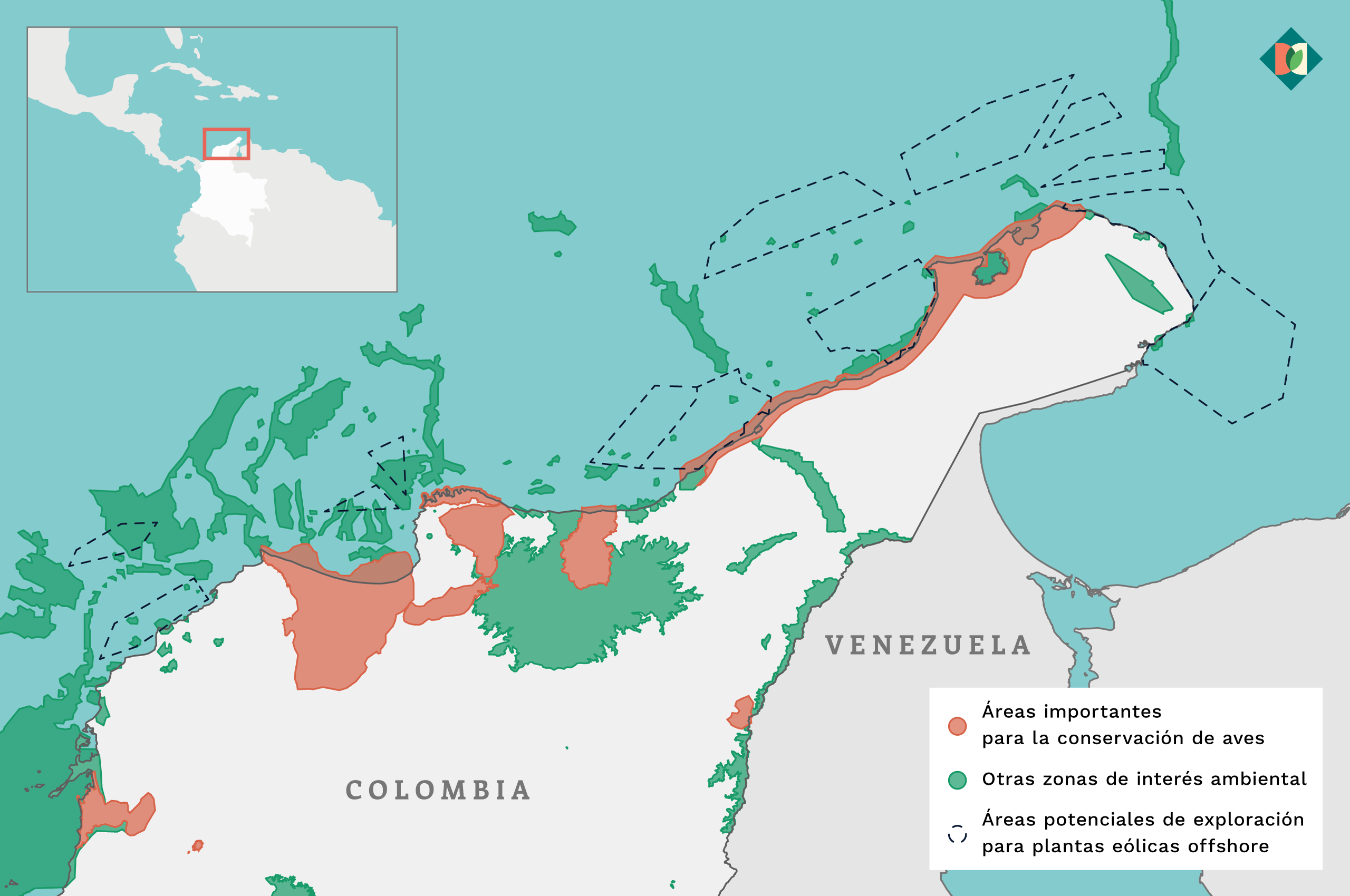 Mapa de las posibles zonas de exploración de energía eólica marina en Colombia