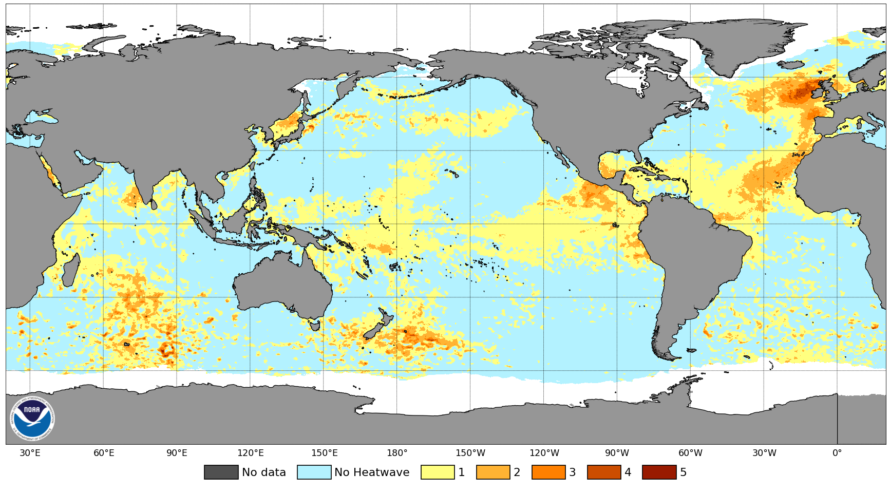 Mapa del mundo con manchas amarillas, naranjas y rojas sobre los océanos