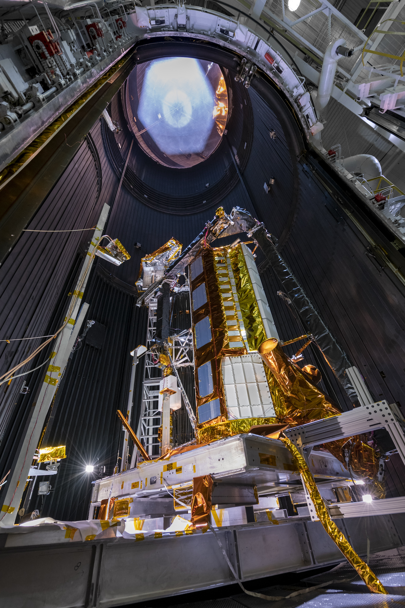 low angle view of a spacecraft in a laboratory