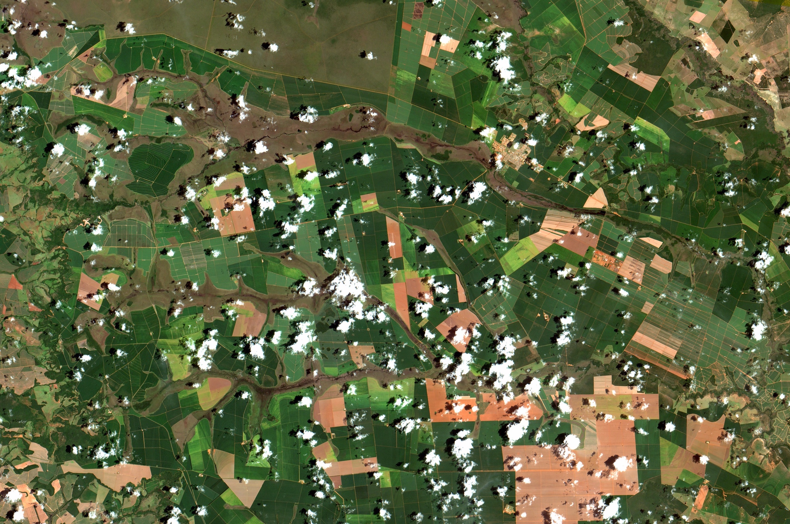 a satellite photo of soybean crop fields, clouds