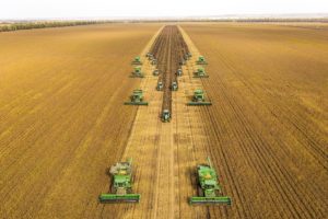 aerial view of a line of green tractors moving through a field of crops
