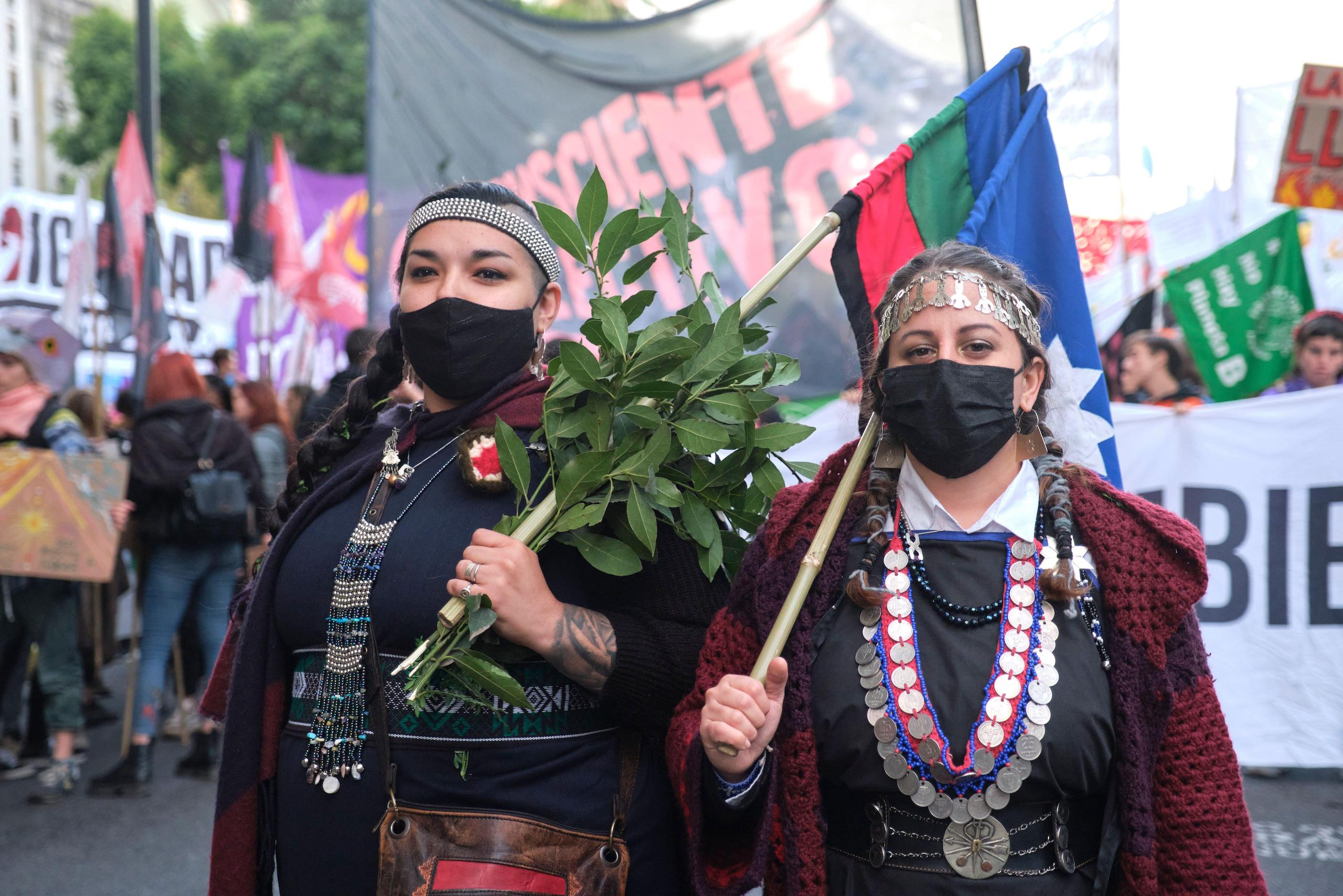 Two women holding flags and wearing face masks at a demonstration