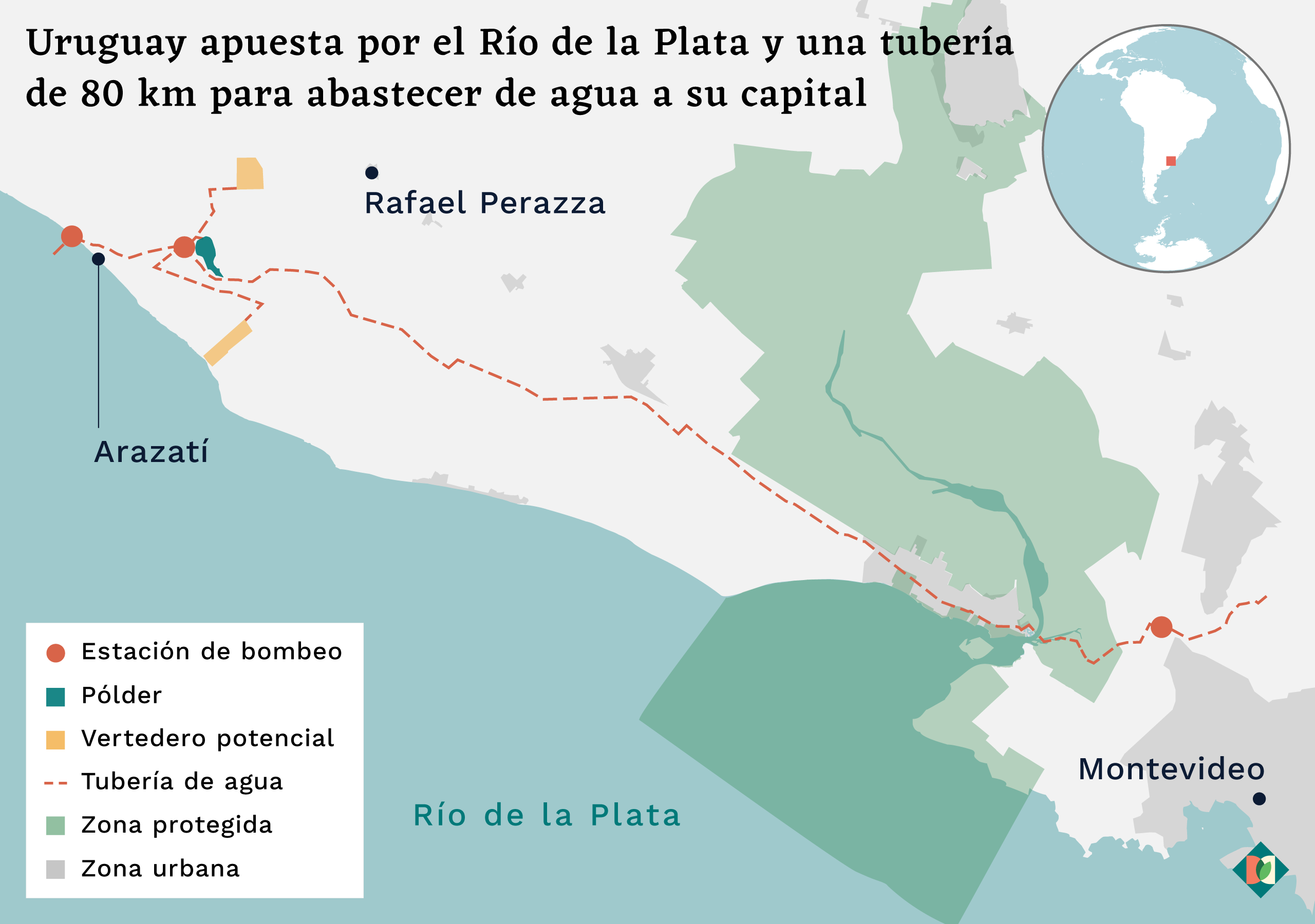 Mapa que muestra zonas sombreadas en verde y un enlace de puntos rojos que las conecta, desde Arazatí hasta Montevideo.
