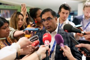 <p>Avinash Persaud, the special envoy on finance to the prime minister of Barbados, speaks to media at the COP28 summit in Dubai, United Arab Emirates (Image: Rafiq Maqbool / Alamy)</p>