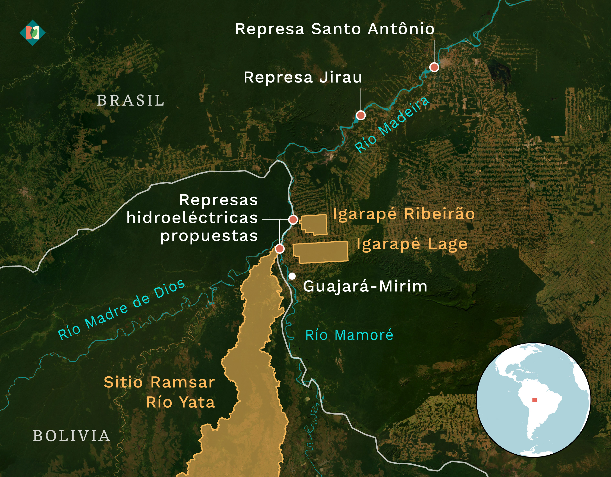 Mapa que muestra la ubicación de potenciales represas hidroeléctricas entre Brasil y Bolivia