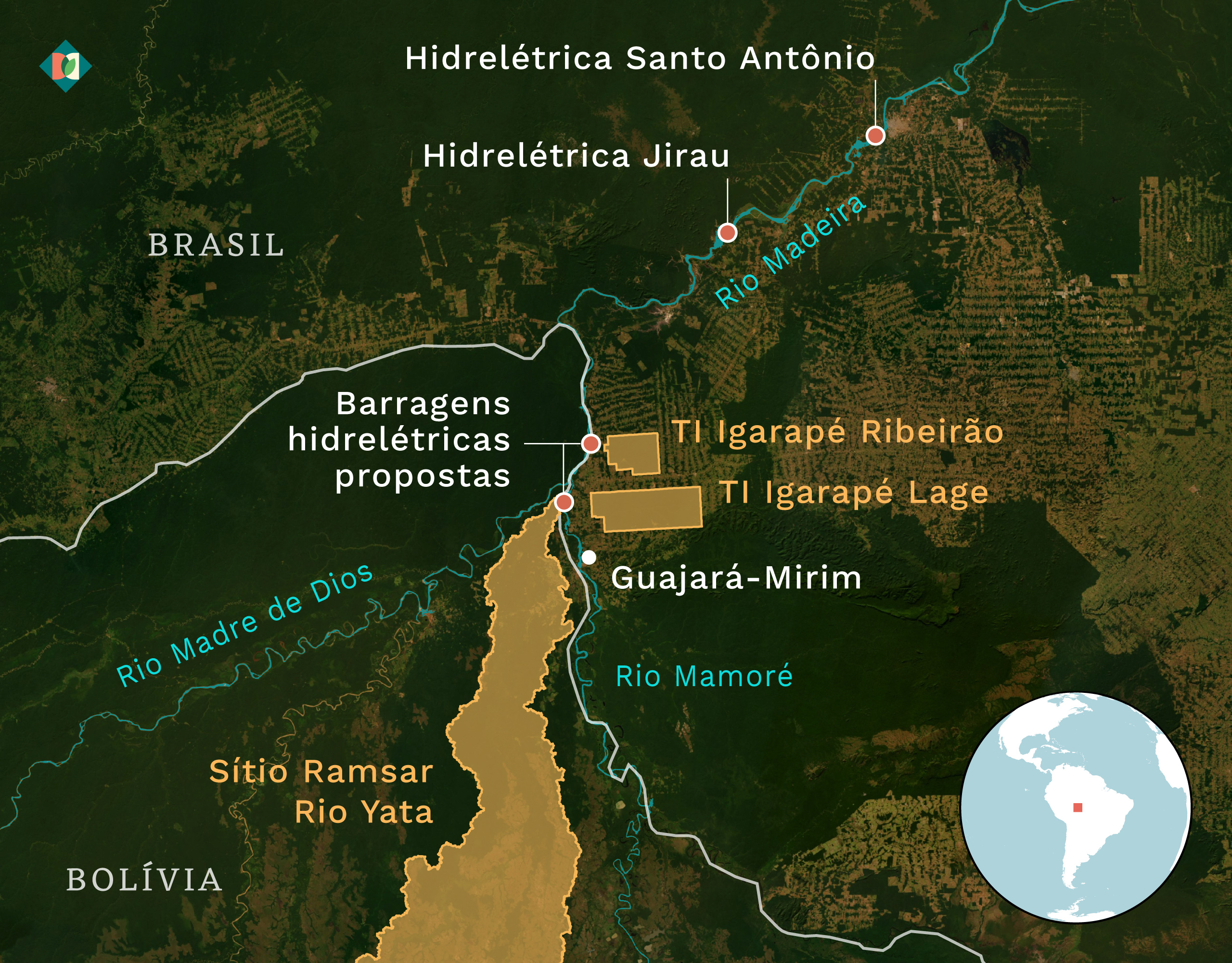 Mapa mostrando a localização das barragens propostas entre o Brasil e a Bolívia