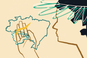 Ilustração de um indivíduo segurando o contorno do Brasil e da Bolívia