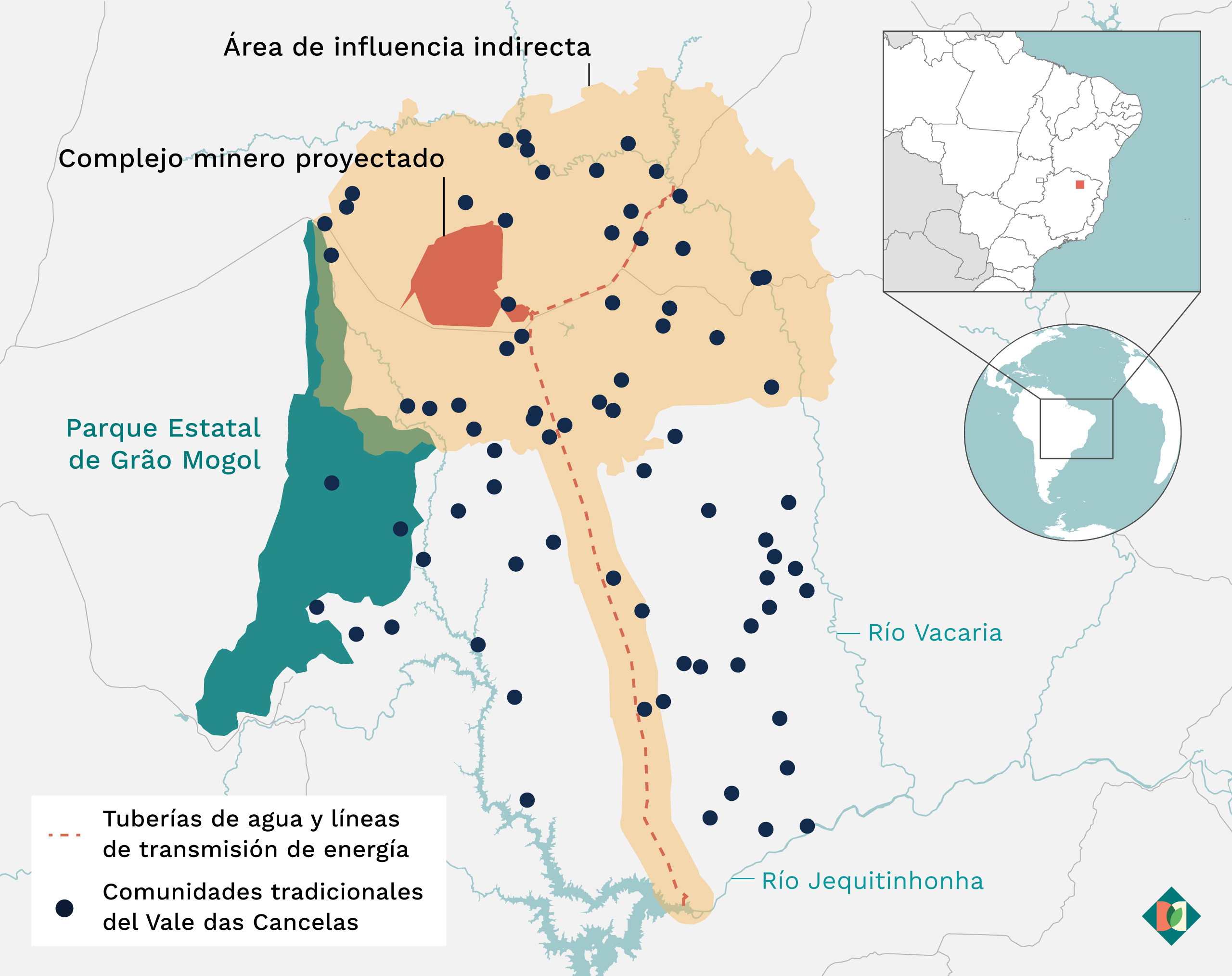 Mapa de localización de un complejo minero planificado y de la zona de influencia indirecta circundante, que se solapa con el parque estatal de Grão Mogol y con una docena de territorios de comunidades tradicionales.