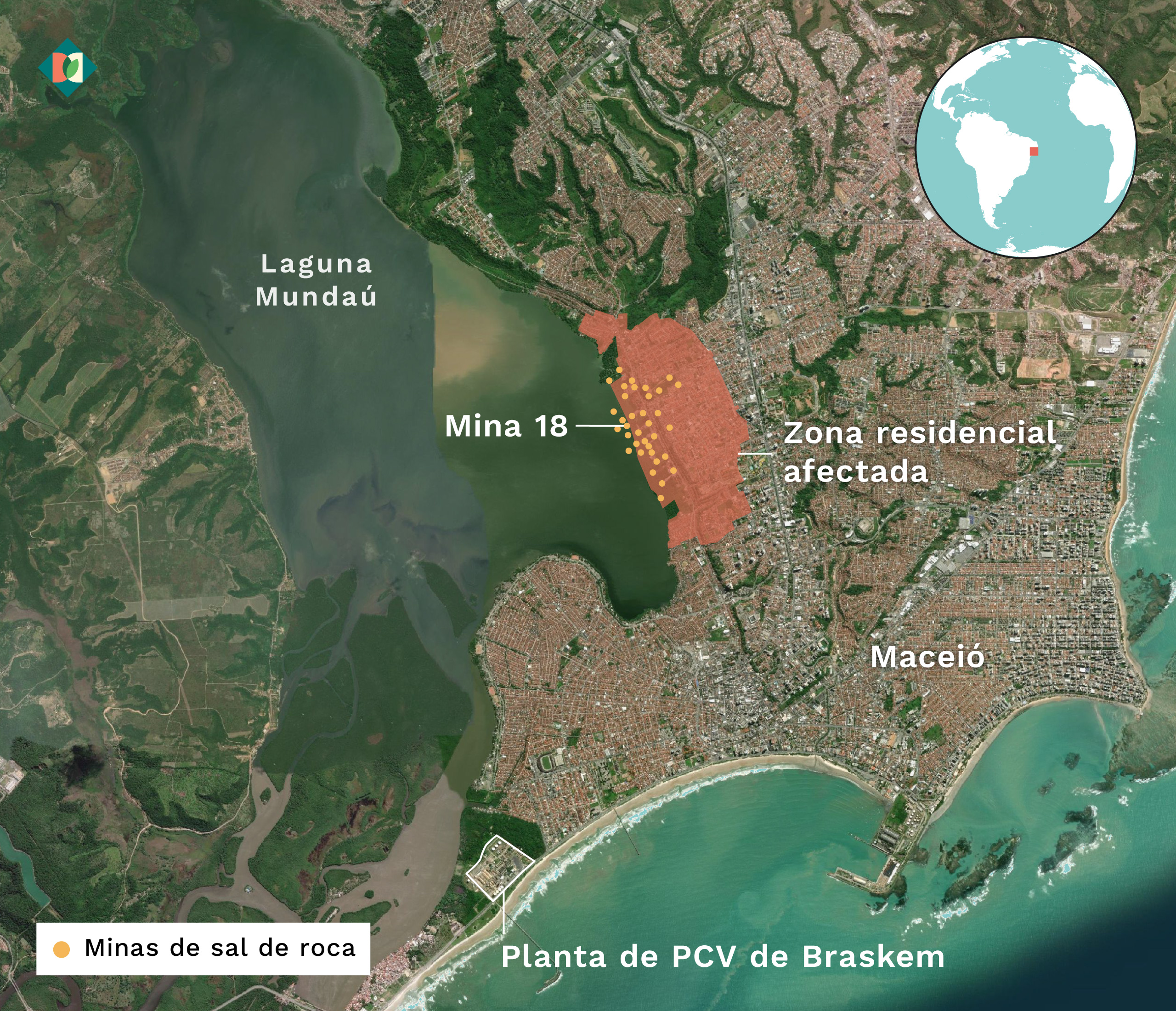 Mapa que muestra la ubicación de la MIna 18, la fábrica de Braskem y la zona residencial afectada