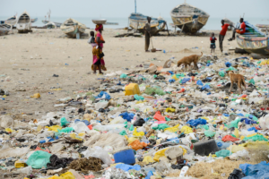 personas y embarcaciones en una playa llena de residuos plásticos